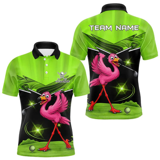 Maxcorners Funny Flamingo Green Golf Polo Shirts For Men Custom Flamingo Team mens golf tops, funny golf gifts LM2602