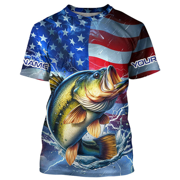 Maxcorners Largemouth Bass fishing American flag Long Sleeve Fishing Shirt custom Lightning Bass fishing jersey MT2108