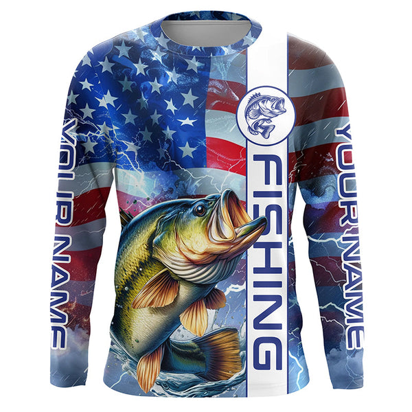 Maxcorners American flag Largemouth Bass fishing Long Sleeve Fishing Shirts custom Patriotic Bass fishing jerseys MT2108