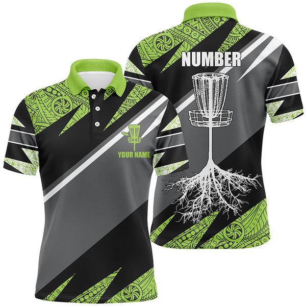 Maxcorners Green tribal black Mens disc golf polo shirt custom name, number disc golf jersey, disco golf outfit MT0510