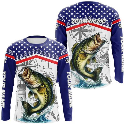 Maxcorners American Flag Largemouth Bass Fishing Custom Bass Long Sleeve Fishing Shirts, Bass Team Jerseys LM2512