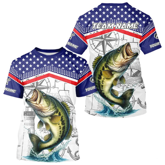 Maxcorners American Flag Largemouth Bass Fishing Custom Bass Long Sleeve Fishing Shirts, Bass Team Jerseys LM2512