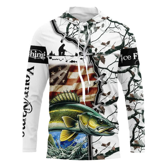 Maxcorners Walleye ice fishing snow camo American Flag Custom Name Long sleeve Fishing Shirts LM0201