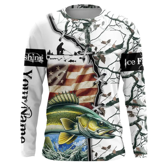 Maxcorners Walleye ice fishing snow camo American Flag Custom Name Long sleeve Fishing Shirts LM0201