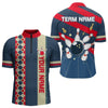 Maxcorners Personalized Red, White And Blue Retro Bowling Polo, Quarter Zip Shirt For Men, Bowling Team Jersey