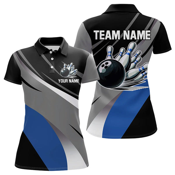 Maxcorners Personalized Black, Gray and Blue Bowling Shirts For Men, Bowling Balls And Pins Bowling Team Shirts LM253