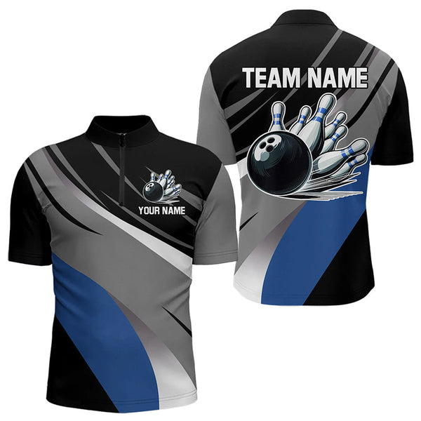 Maxcorners Personalized Black, Gray and Blue Bowling Shirts For Men, Bowling Balls And Pins Bowling Team Shirts LM253