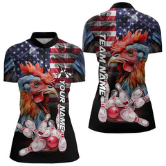 Maxcorners American Flag Rooster Bowling Polo, Quarter Zip Shirts for Women Custom patriotic Team Bowling jerseys
