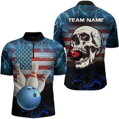 Maxcorners American Flag Skull Bowling Blue lightning thunder Bowling Shirt for Men Custom Team Bowling jerseys