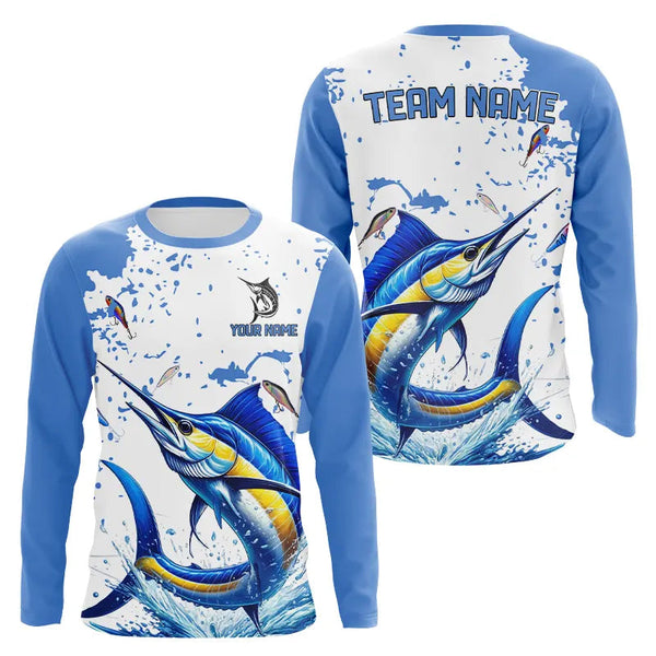 Maxcorners Personalized Blue and white Marlin Fishing Shirts Custom Marlin Long Sleeve Fishing Team Jerseys MT2108