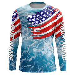 Maxcorners Blue ocean sea wave camo fishing American flag Custom patriot long sleeve fishing tournament shirts MT2108
