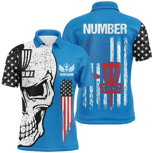 Maxcorners Blue American flag Mens disc golf polo shirts custom name, number patriotic disc golf skull apparel MT0510