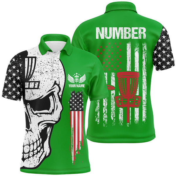 Maxcorners Green American flag Mens disc golf polo shirts custom name, number patriotic disc golf skull apparel MT0510