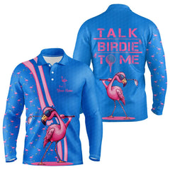Maxcorners Funny Mens golf polo shirt custom pink and blue flamingo golf shirts talk birdie to me