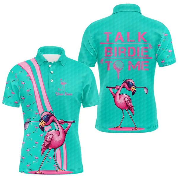 Maxcorners Funny Mens golf polo shirt custom pink and turquoise flamingo golf shirts talk birdie to me