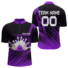 Maxcorners Black And Purple Custom Bowling Polo, Quarter Zip Shirts For Men, Bowling Team League Jersey