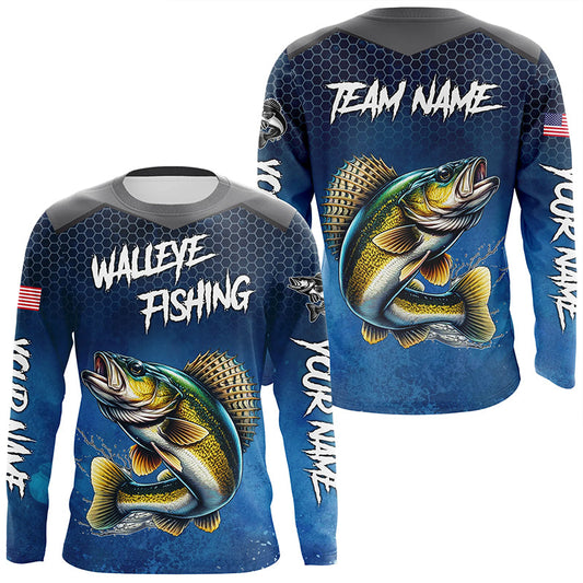 Maxcorners Blue camo Walleye fishing Custom performance long sleeve team Walleye fishing tournament shirts LM0201