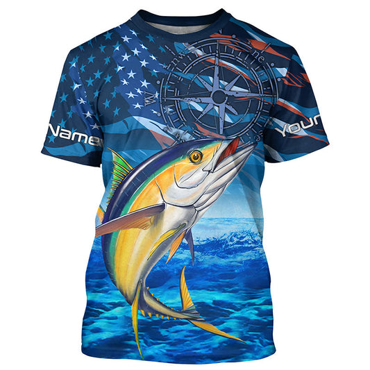 Maxcorners Personalized Tuna Saltwater Blue Camo American flag patriotic Long Sleeve Performance Fishing Shirts LM2408