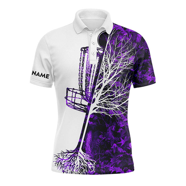 Maxcorners Mens disc golf polo shirt custom purple camo disc golf basket, personalized disc golf shirts MT0510