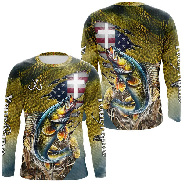 Maxcorners Walleye Fishing Scales Camo American Flag Faith patriotic Custom UV protection long sleeves shirts MT2108