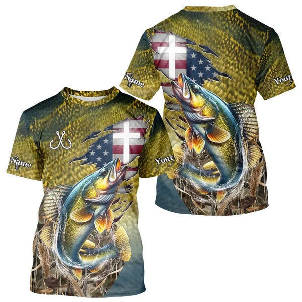 Maxcorners Walleye Fishing Scales Camo American Flag Faith patriotic Custom UV protection long sleeves shirts MT2108