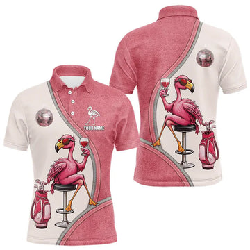 Maxcorners Custom Funny Pink Flamingo Drink Wine Golf Polo Shirts For Men, Flamingo Mens Golf tops