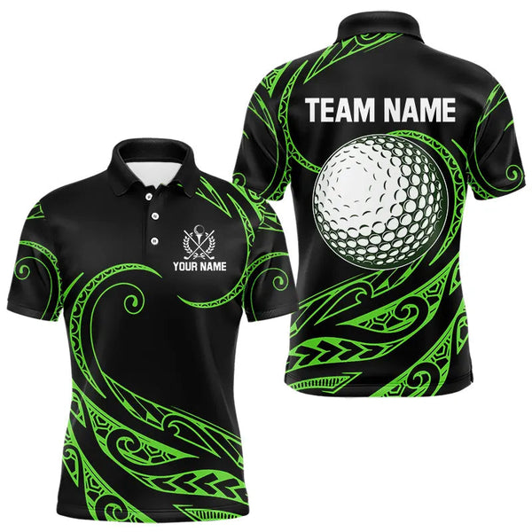 Maxcorners Black and Green Tribal Pattern Golf Ball Mens Golf Polo Shirts custom unique mens golf apparel