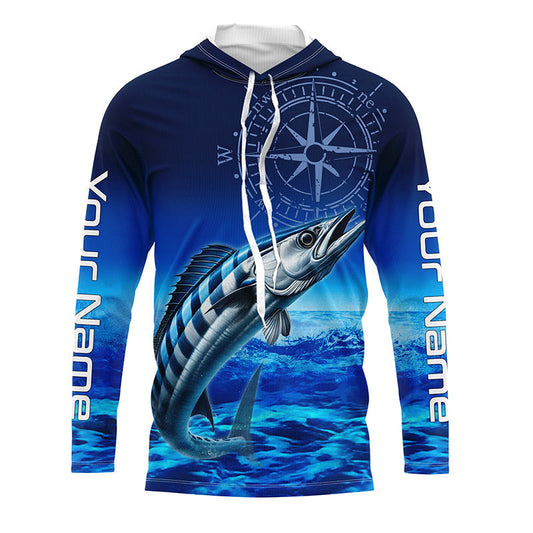 Maxcorners Personalized Wahoo Blue Long Sleeve Performance Fishing Shirts, compass tournament UV protection Shirt LM0201