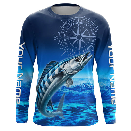 Maxcorners Personalized Wahoo Blue Long Sleeve Performance Fishing Shirts, compass tournament UV protection Shirt LM0201