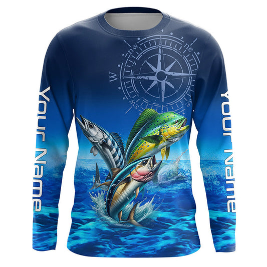 Maxcorners Personalized Mahi Mahi, Wahoo, Tuna Blue Performance Fishing Shirt, compass offshore tournament Shirts LM0201