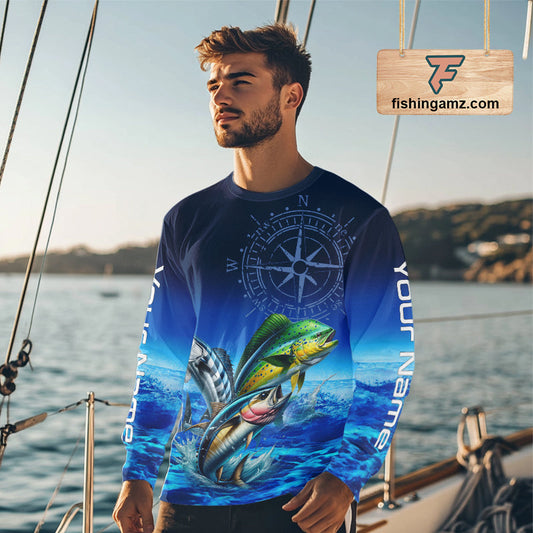 Maxcorners Personalized Mahi Mahi, Wahoo, Tuna Blue Performance Fishing Shirt, compass offshore tournament Shirts LM0201