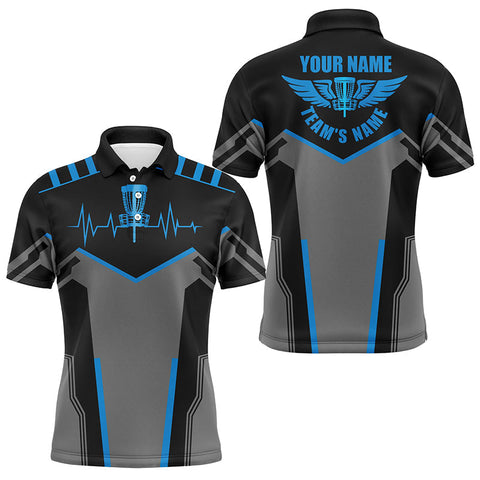 Maxcorners Black Mens disc golf polo shirts custom disc golf heartbeat shirt for men, disco golf outfit | Blue MT0510