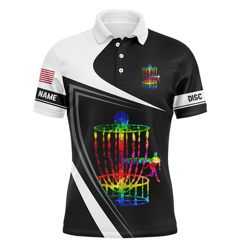 Maxcorners Mens disc golf polo shirt custom name watercolor disc golf basket, black and white disc golf shirts MT0510