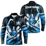Maxcorners Blue Thunder Lightning bowling ball and pins jerseys Custom Team Bowling Polo, 1/4 Zip Shirts For Men