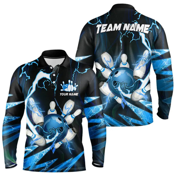 Maxcorners Blue Thunder Lightning bowling ball and pins jerseys Custom Team Bowling Polo, 1/4 Zip Shirts For Men