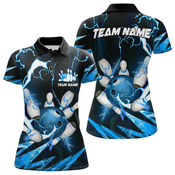 Maxcorners Blue Thunder Lightning bowling ball and pins jerseys Custom Team Bowling Polo, 1/4 Zip Shirts For Men