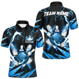 Maxcorners Blue Thunder Lightning bowling ball and pins jerseys Custom Team Bowling Polo, 1/4 Zip Shirts For Men