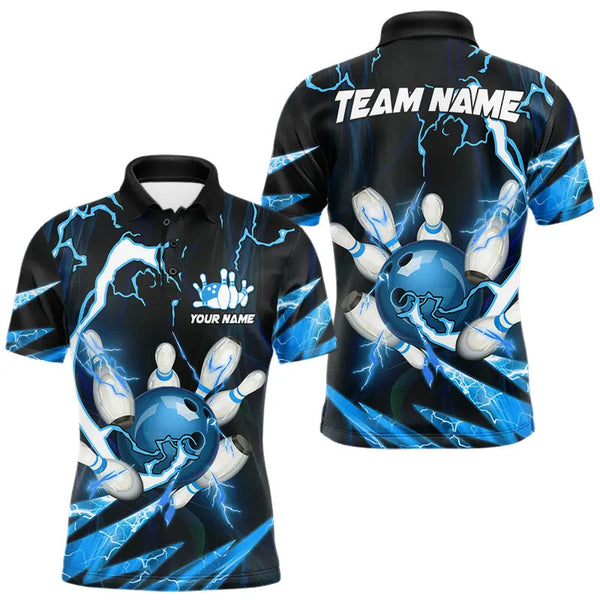 Maxcorners Blue Thunder Lightning bowling ball and pins jerseys Custom Team Bowling Polo, 1/4 Zip Shirts For Men