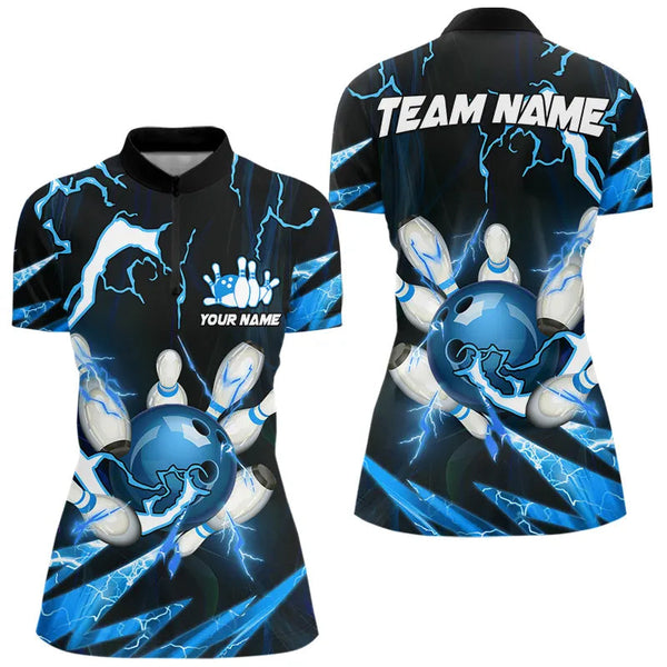 Maxcorners Blue Thunder Lightning bowling ball and pins jerseys Custom Team Bowling Polo, 1/4 Zip Shirts For Men