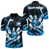 Maxcorners Blue Thunder Lightning bowling ball and pins jerseys Custom Team Bowling Polo, 1/4 Zip Shirts For Men