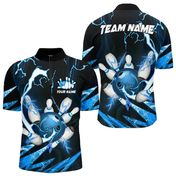 Maxcorners Blue Thunder Lightning bowling ball and pins jerseys Custom Team Bowling Polo, 1/4 Zip Shirts For Men