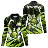 Maxcorners Green Thunder Lightning bowling ball and pins jerseys Custom Team Bowling Polo, 1/4 Zip Shirts For Men
