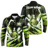 Maxcorners Green Thunder Lightning bowling ball and pins jerseys Custom Team Bowling Polo, 1/4 Zip Shirts For Men
