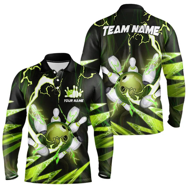Maxcorners Green Thunder Lightning bowling ball and pins jerseys Custom Team Bowling Polo, 1/4 Zip Shirts For Men