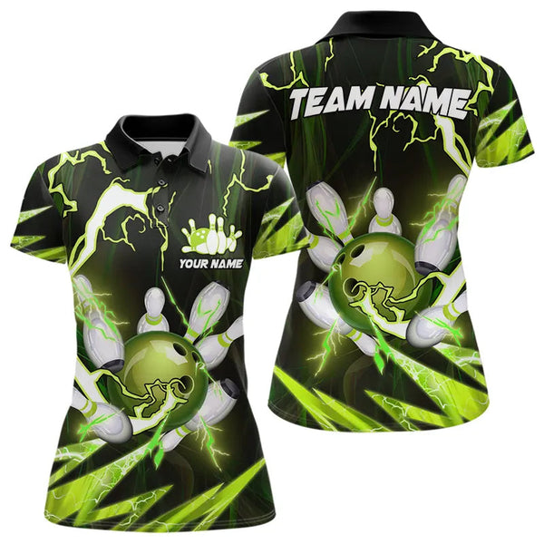 Maxcorners Green Thunder Lightning bowling ball and pins jerseys Custom Team Bowling Polo, 1/4 Zip Shirts For Men
