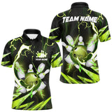 Maxcorners Green Thunder Lightning bowling ball and pins jerseys Custom Team Bowling Polo, 1/4 Zip Shirts For Men