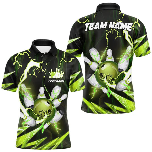 Maxcorners Green Thunder Lightning bowling ball and pins jerseys Custom Team Bowling Polo, 1/4 Zip Shirts For Men