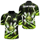 Maxcorners Green Thunder Lightning bowling ball and pins jerseys Custom Team Bowling Polo, 1/4 Zip Shirts For Men