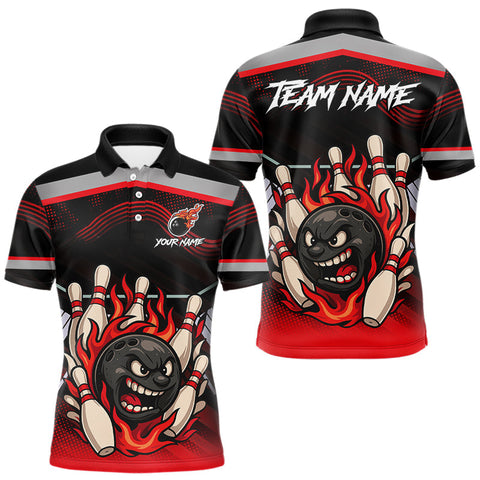 Maxcorners Black and Red Flame Funny Bowling Ball and Pins Bowling shirts for men custom team bowling outfits MT0111