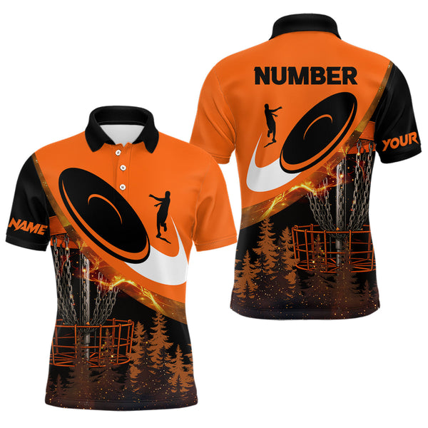 Maxcorners Black and Orange Mens Disc golf polo shirts Custom Disc Golf basket forest tree, Disc Golfer Gift 3 LM0910